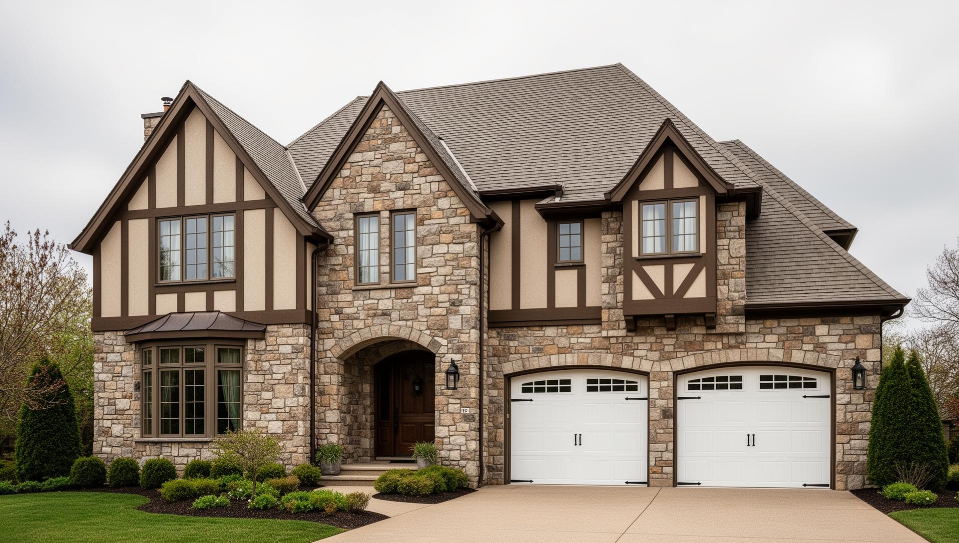 Beautiful Tudor style home with white raised panel steel garage doors in Washington NH